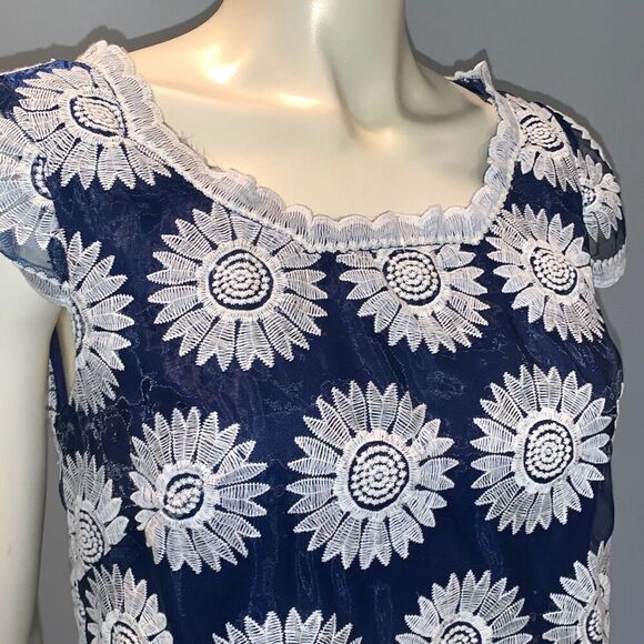 Betsey Johnson Sheer Layered Floral Crochet A-Line Dress Navy Size - Picture 3 of 16